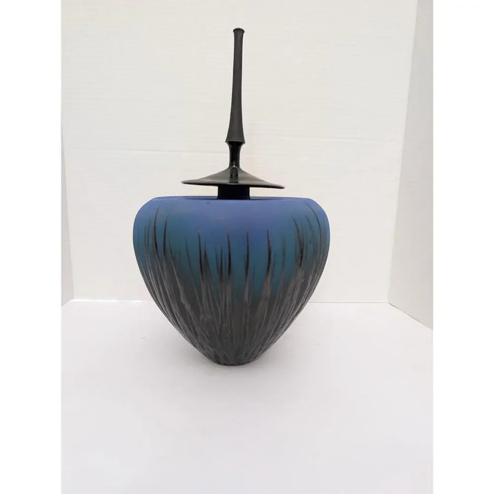 Modernist Studio Art Pottery Lidded Vessel Ombre Blue Sgraffito Grass Tall